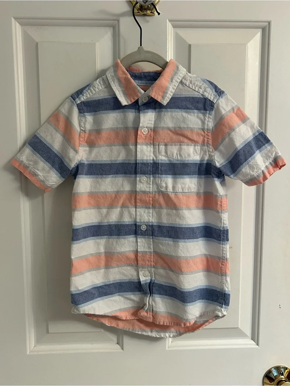 Boys Short-Sleeve Striped Button-Up Shirt - White, Blue & Peach
